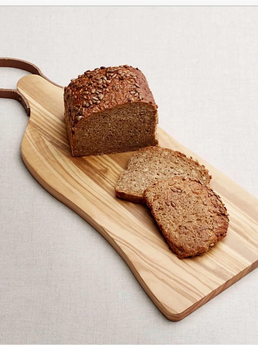 Crate&Barrel Olive Wood Serving Board with Brown Leather Loop